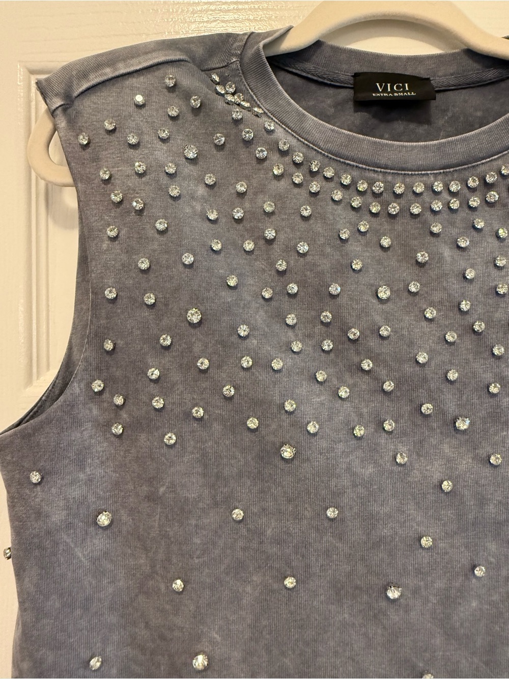 Vici Gray Blue Sleeveless Studded Mineral-Wash Sweatshirt Dress